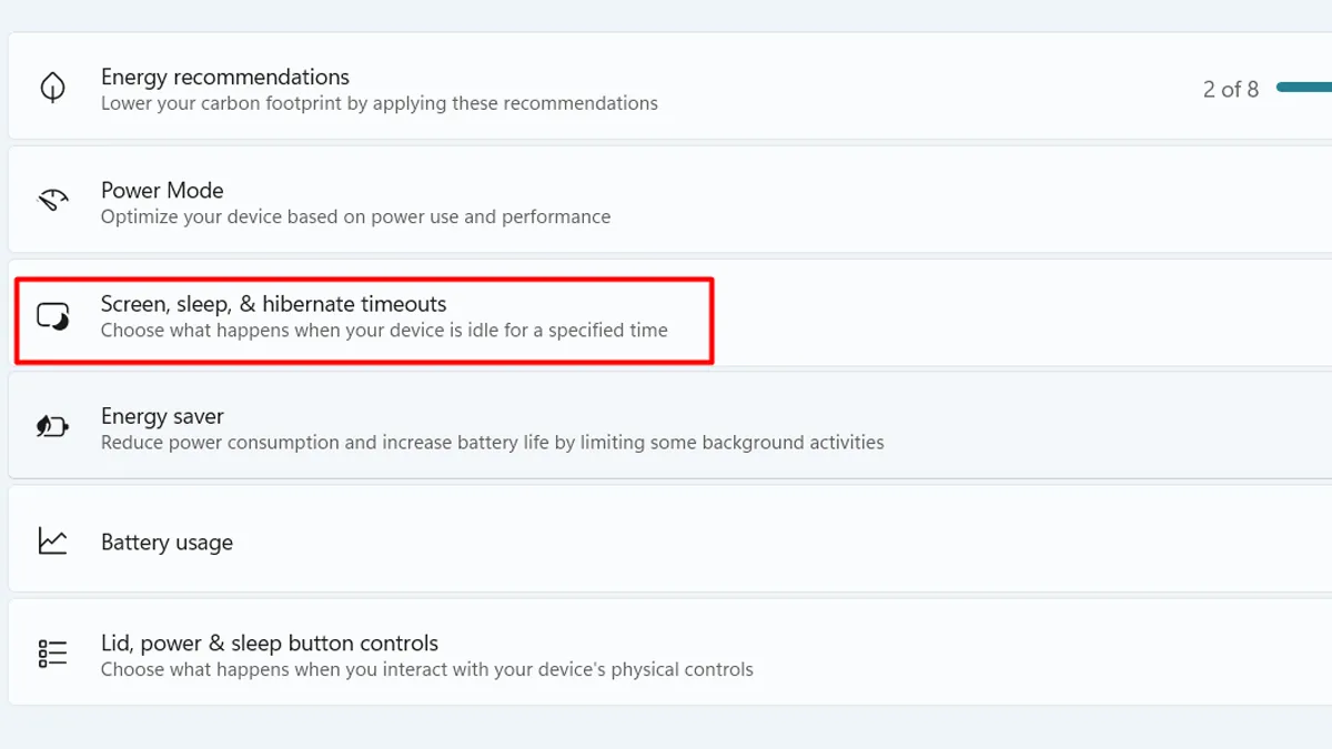 Chọn Screen and sleep trong mục Power & battery