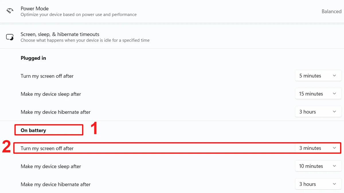 Thiết lập thời gian tắt màn hình khi dùng pin (On battery)