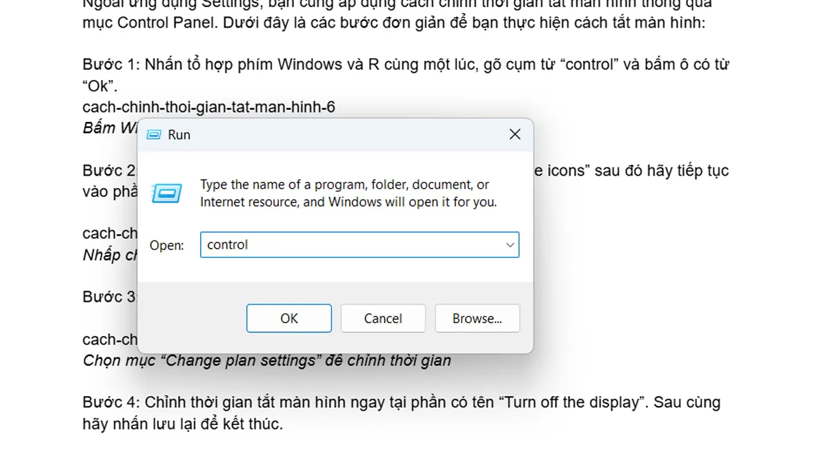 Mở Control Panel bằng tổ hợp phím Windows + R