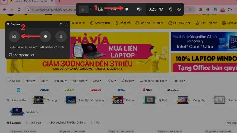 Chọn biểu tượng camera (Capture) > Chọn Take screenshot