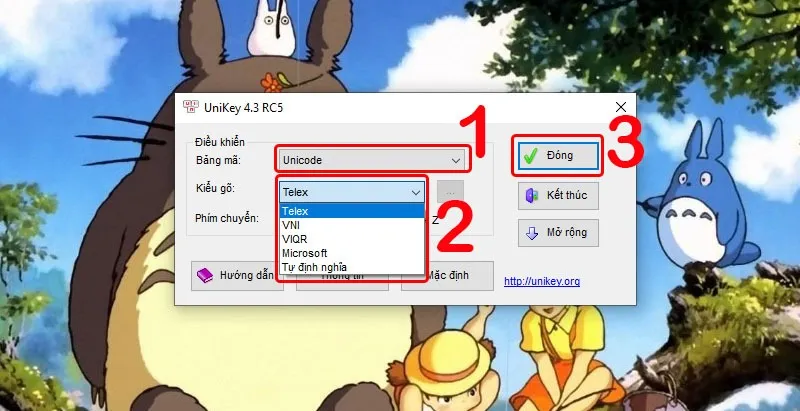 Hộp thoại Thiết lập UniKey với lựa chọn Bảng mã Unicode và Kiểu gõ Telex/VNI để chuyển bàn phím sang tiếng Việt