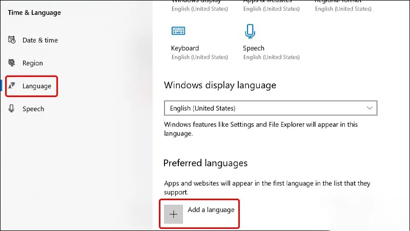 Cửa sổ Add a language trong Windows Settings, bước tìm kiếm và thêm ngôn ngữ Vietnamese