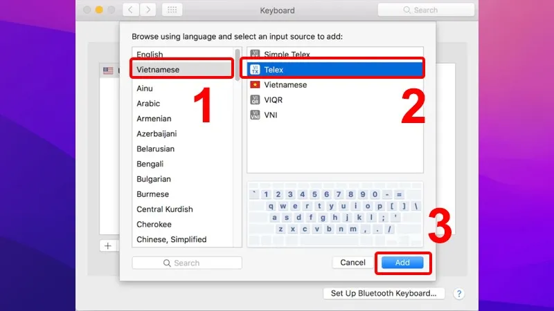 Giao diện thêm phương thức nhập liệu tiếng Việt (Vietnamese) trên macOS, cho phép chọn kiểu gõ Telex hoặc VNI