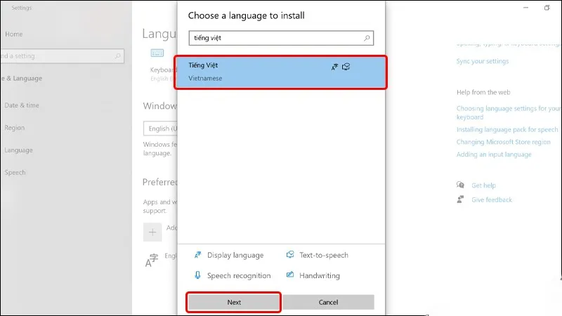 Hộp thoại cài đặt ngôn ngữ Tiếng Việt, hiển thị nút Install để hoàn tất quá trình thêm gói ngôn ngữ