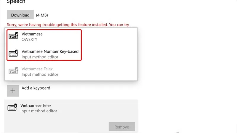 Thao tác thêm bố cục bàn phím Vietnamese (QWERTY) trong Language options để hỗ trợ gõ tiếng Việt
