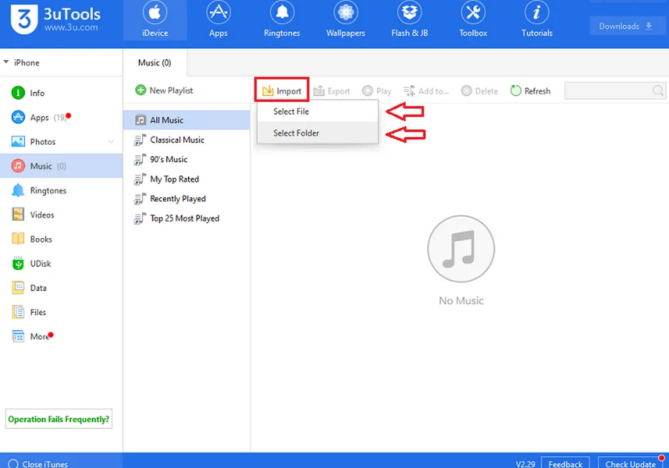Chọn chức năng Import trong mục Music của 3uTools để bắt đầu chép nhạc vào iPhone