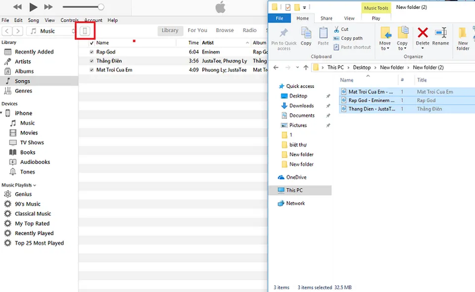 Chọn mục Songs trong iTunes Library để kéo và thả các tệp nhạc cần chuyển vào iPhone