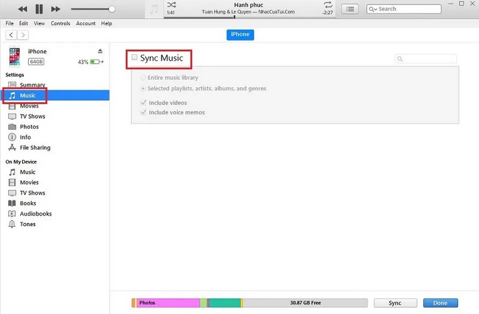 Tích chọn Sync Music trong Music Settings để kích hoạt đồng bộ nhạc từ máy tính sang iPhone