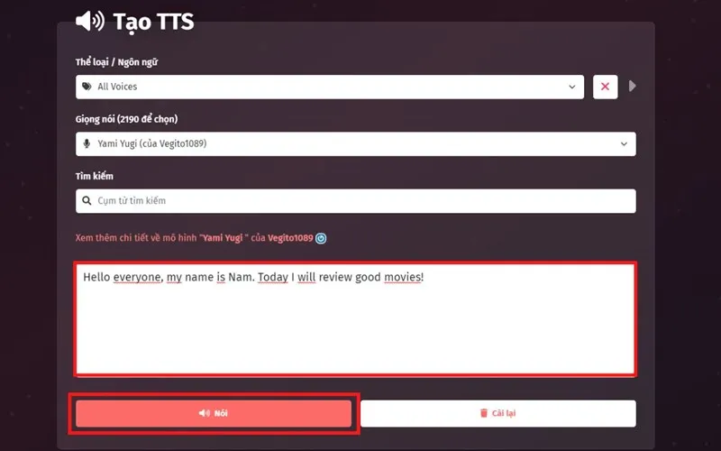 Nhập văn bản và kích hoạt tính năng chuyển đổi giọng nói review trên FakeYou