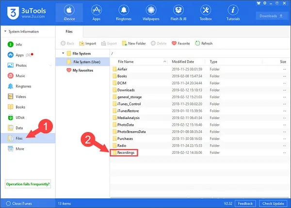 Chọn thư mục Recordings trong 3uTools để quản lý các file ghi âm (Áp dụng tương tự cho các thư mục media khác như Music, Photos, Videos)