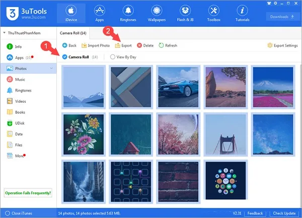 Giao diện 3uTools và mục Photos -> Camera Roll