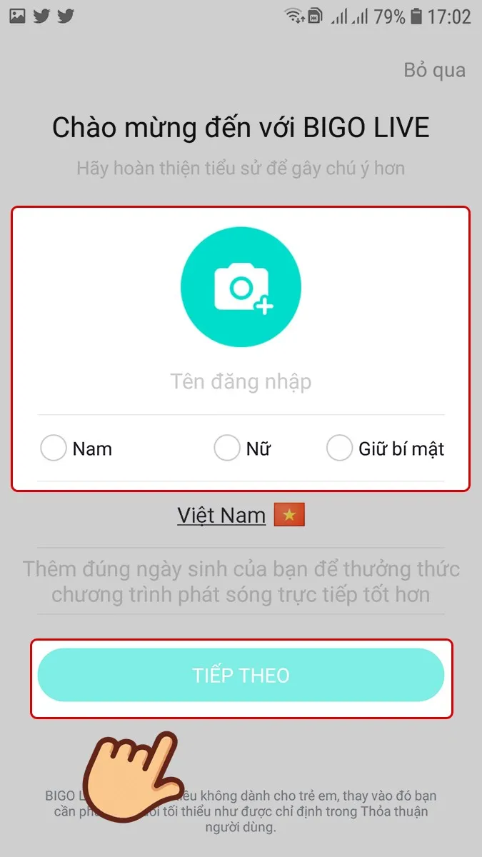 Chọn ảnh đại diện, tên đăng nhập, giới tính của bạn và chọn Tiếp theo