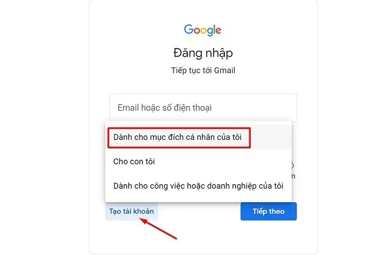 Giao diện Tạo Tài Khoản Google cá nhân trên máy tính để bàn