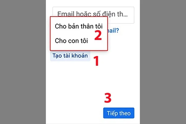 Lựa chọn loại tài khoản Google muốn tạo: Cho bản thân tôi hoặc con tôi