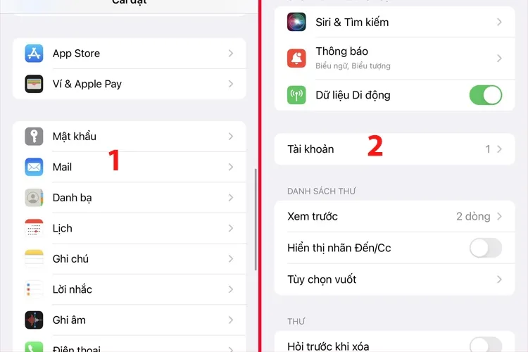 Truy cập mục Mail trong Cài đặt của iPhone để thêm tài khoản Google
