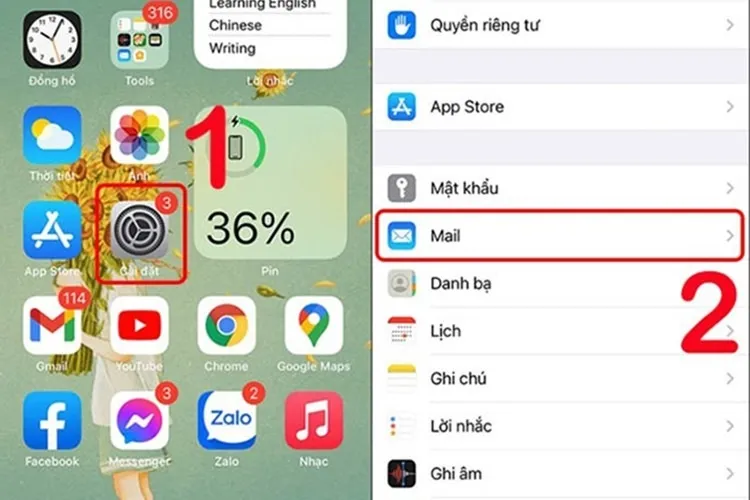 Giao diện Cài đặt và Mail trên hệ điều hành iOS để đăng xuất Gmail