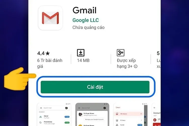 Màn hình giới thiệu ứng dụng Gmail khi cài đặt trên điện thoại di động