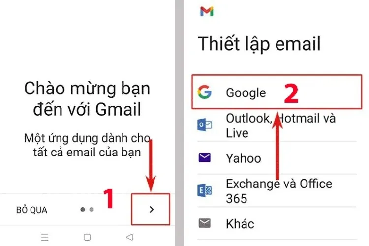 Chọn Google để thiết lập tài khoản mới trong ứng dụng Gmail trên smartphone