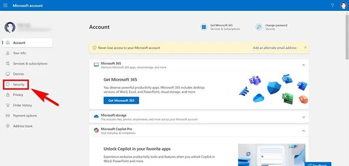 Trang Security của Microsoft Account