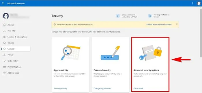 Tùy chọn Advanced security options trong trang Security