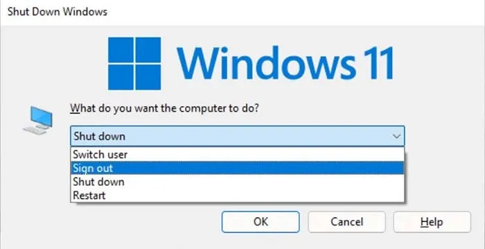 Hộp lệnh Shutdown Windows với tùy chọn Sign out