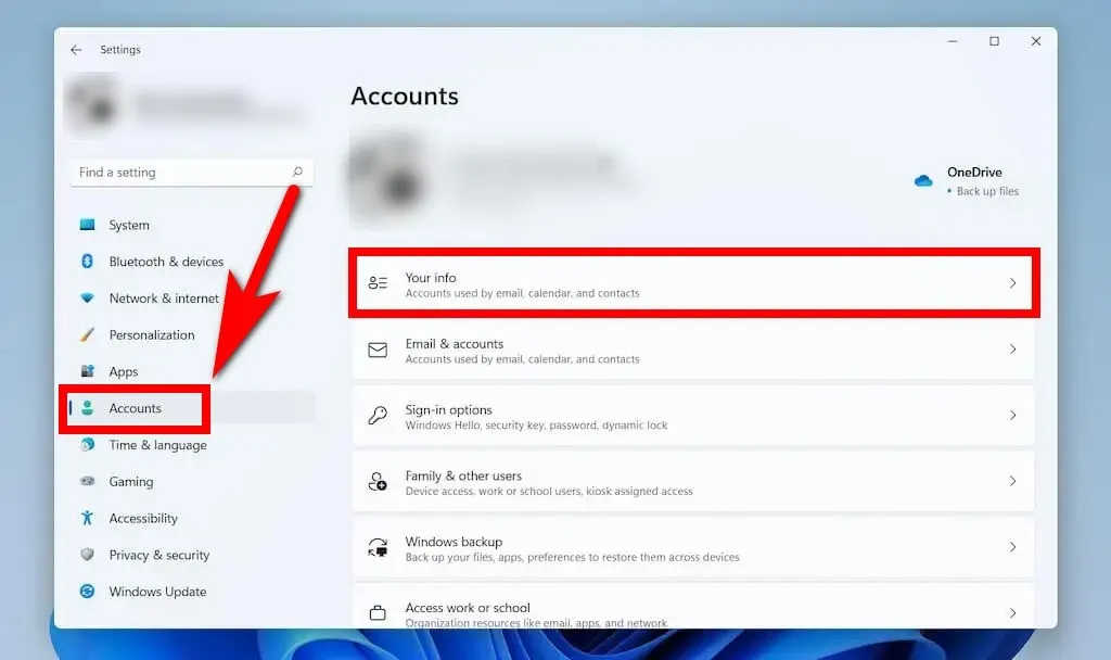 Cửa sổ Accounts -> Your Info với tùy chọn Sign in with a local account instead