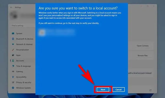 Cửa sổ tạo tài khoản cục bộ mới