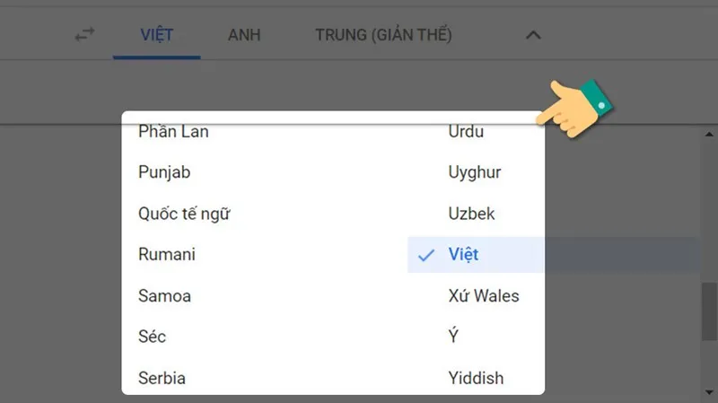 Menu thả xuống để chọn ngôn ngữ đích khi dịch trang web.