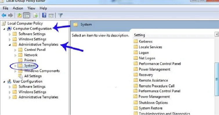 Điều hướng trong Group Policy Editor đến Computer Configuration, Administrative Templates, và sau đó là System