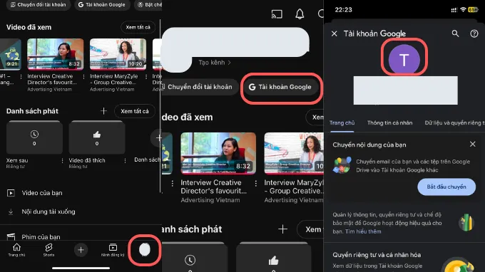 Ảnh chụp màn hình quy trình thay đổi ảnh đại diện YouTube trên ứng dụng di động