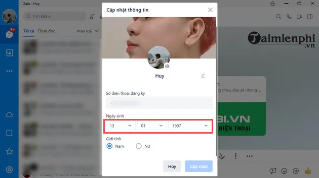 Chọn mục Ngày sinh trong phần Cập nhật thông tin để thực hiện cách thay đổi ngày trên máy tính Zalo.