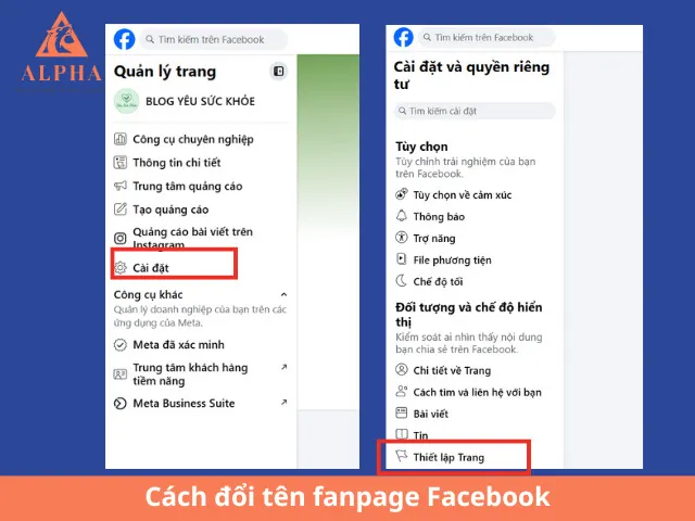 Giao diện Cài đặt Trang để thực hiện cách đổi tên Fanpage Facebook