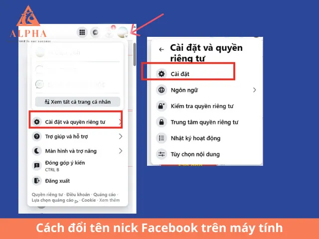 Vị trí tùy chọn Cài đặt và quyền riêng tư trong giao diện Facebook trên máy tính
