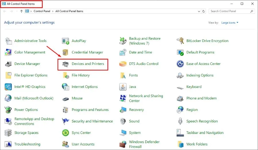Hộp thoại Devices and Printers chứa danh sách thiết bị phần cứng
