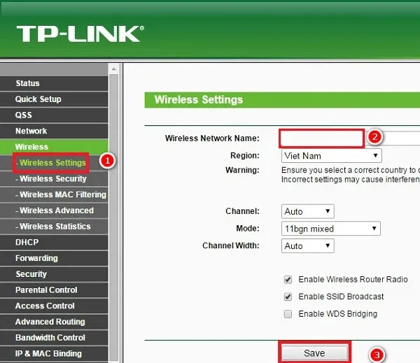Truy cập mục Wireless và chọn Wireless Settings để đổi tên mạng