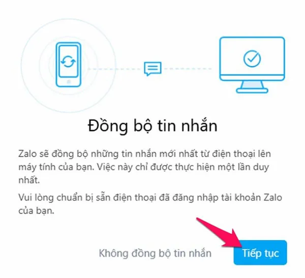 Màn hình xác nhận đồng bộ tin nhắn Zalo từ điện thoại sang máy tính