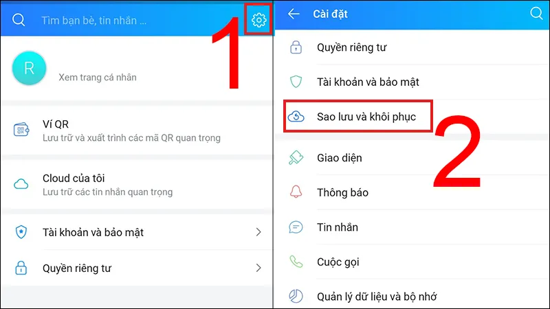 Chọn tùy chọn Sao lưu và Khôi phục trong cài đặt Zalo để đồng bộ dữ liệu