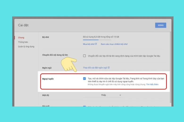 Menu tùy chọn Cài đặt trong giao diện Google Drive