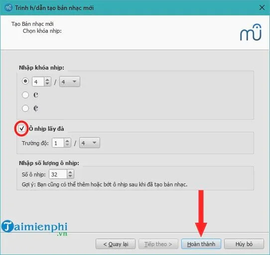 Cửa sổ thiết lập số chỉ nhịp và số lượng ô nhịp, bước quan trọng trong cách tạo phần mềm trên máy tính và phát triển cấu trúc ứng dụng.