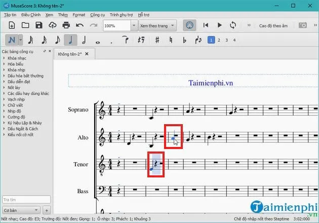 Nhập trường độ nốt nhạc vào khuông, ví dụ về bước nhập liệu trong cách tạo phần mềm trên máy tính.