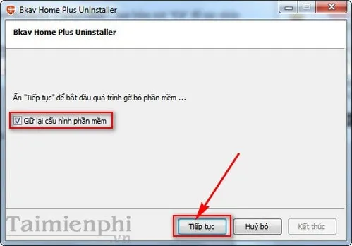 Cửa sổ tùy chọn giữ lại cấu hình phần mềm Bkav Home Plus khi gỡ cài đặt