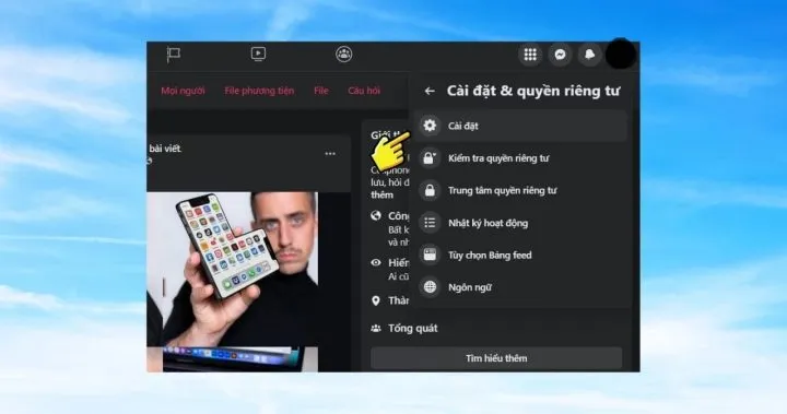 Menu Cài đặt trong Facebook để quản lý tài khoản Messenger