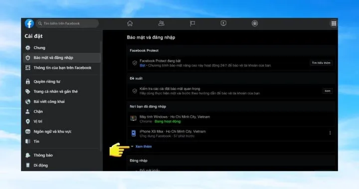 Giao diện Bảo mật và Đăng nhập, kiểm tra nơi bạn đã đăng nhập Messenger
