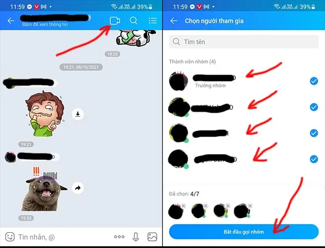 Giao diện gọi video nhóm trên Zalo bằng điện thoại di động