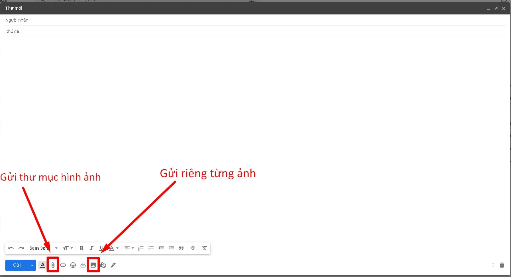Cửa sổ soạn thư mới trong Gmail, hiển thị các tùy chọn đính kèm tệp và ảnh