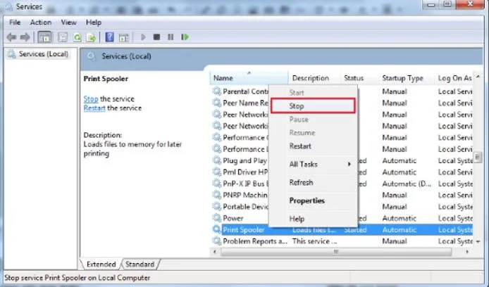 Giao diện Services Windows 7, dừng dịch vụ Print Spooler để xóa các lệnh in bị treo