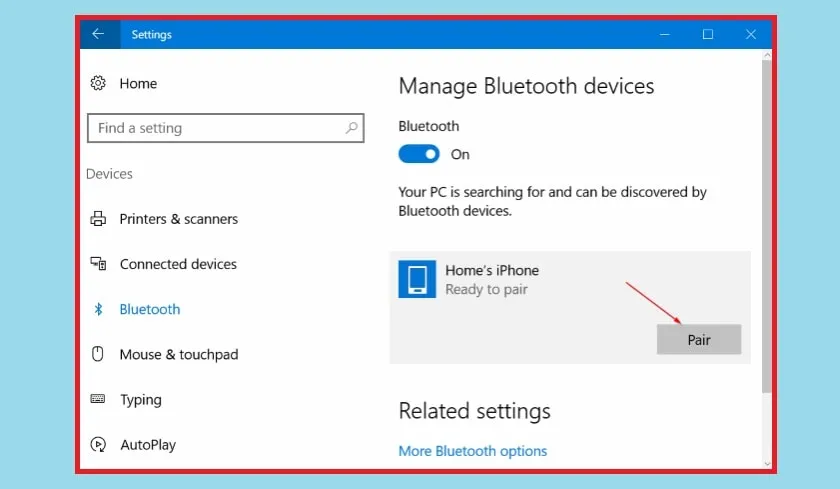 Màn hình ghép đôi (Pair) Bluetooth trên Windows 10 để hoàn tất cách kết nối iPhone với máy tính Win 10.
