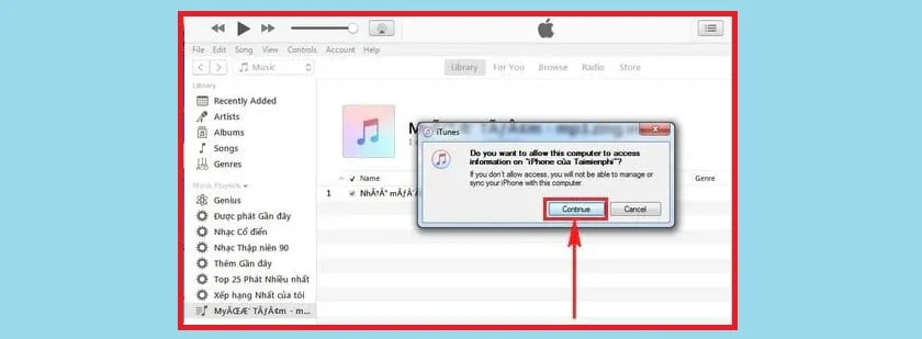 Giao diện iTunes trên Windows 10 sau khi kết nối iPhone qua cáp Lightning.