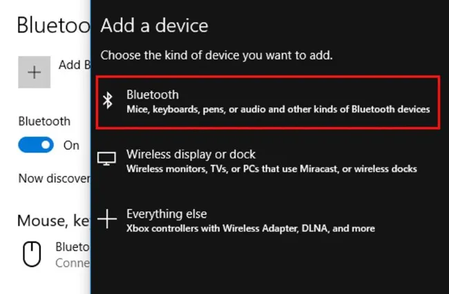 Lựa chọn phương thức Bluetooth trong cửa sổ Add a Device để máy tính bắt đầu quét thiết bị loa