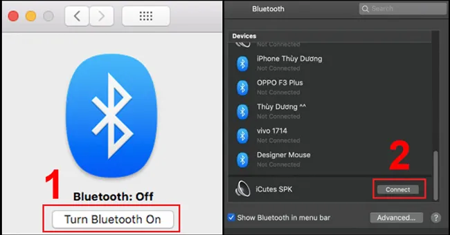 Bật Bluetooth và tìm kiếm thiết bị loa trong danh sách Devices trên hệ điều hành Mac
